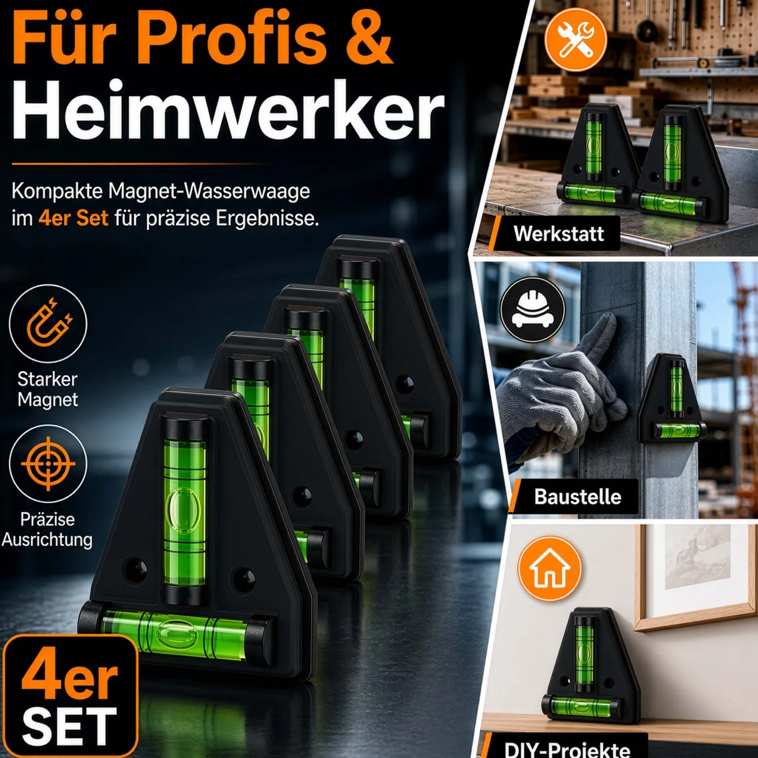 Wiltec Wasserwaage magnetisch 4 Stück Kreuzwasserwaage aus ABS mit Magnetrückseite mit je 2 Libellen, Magnetwasserwaage für Wohnmobil, Haushalt und Bau