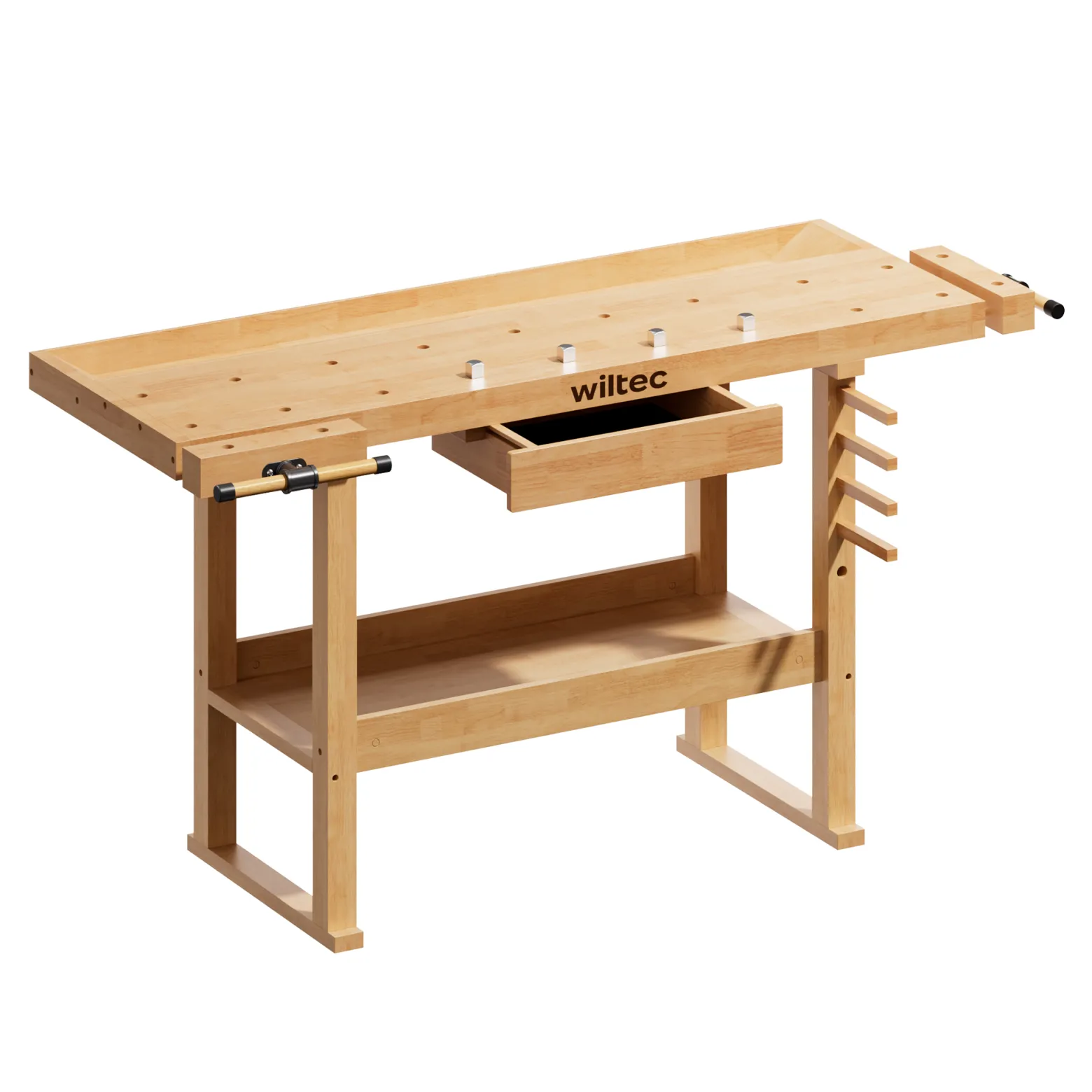 Wiltec Werkbank 151 x 61,5 x 86 cm aus Holz, Werktisch aus Rubberwood, Hobelbank bis 150 kg belastbar, Werkzeugbank mit Schublade und Spannzangen