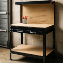Wiltec Werkbank 1200 x 600 x 1600 mm mit Lochwand, Werkzeugbank mit Stahlrahmen, Arbeitstisch mit Arbeitsplatte aus MDF, Hobelbank mit Aufhängehaken