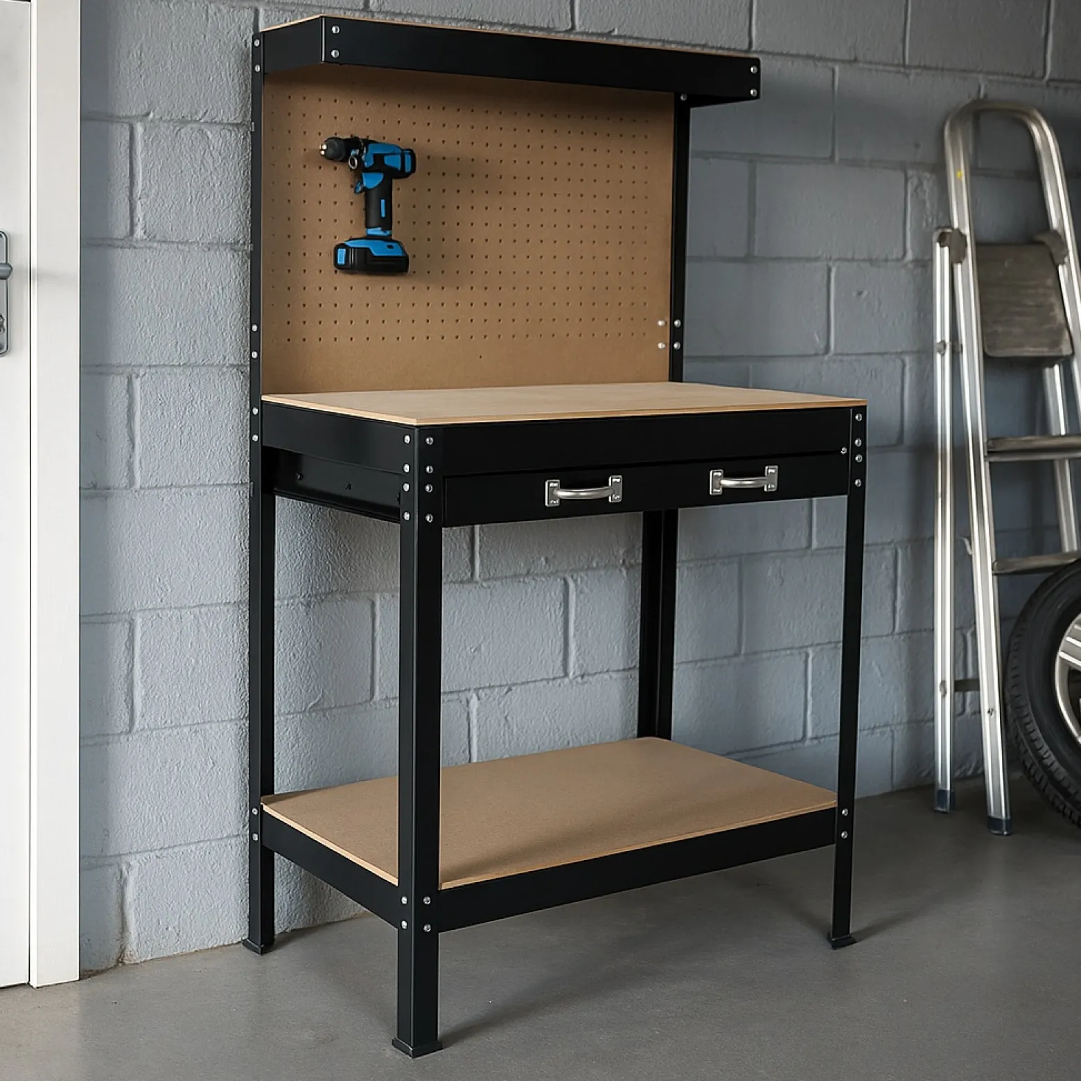 Wiltec Werkbank 1150 x 550 x 1400 mm mit Lochwand, Werkzeugbank mit Stahlrahmen, Arbeitstisch mit Arbeitsplatte aus MDF, Hobelbank mit Aufhängehaken