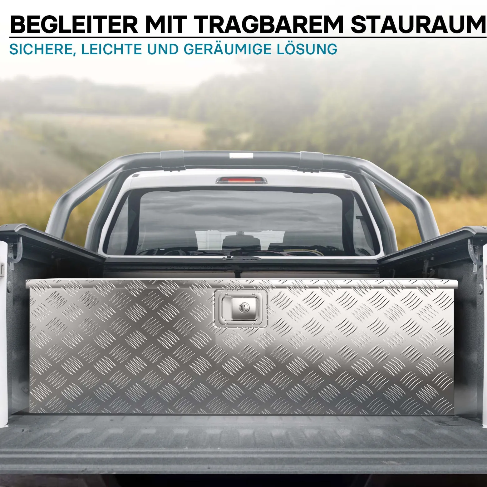 Wiltec Werkzeugbox Alu 124x37x38 cm Silberfarbene Transportbox, Werkzeugkiste inkl. Schlüssel, Alubox und Staukasten mit Handgriffen, großzügige Deichselbox