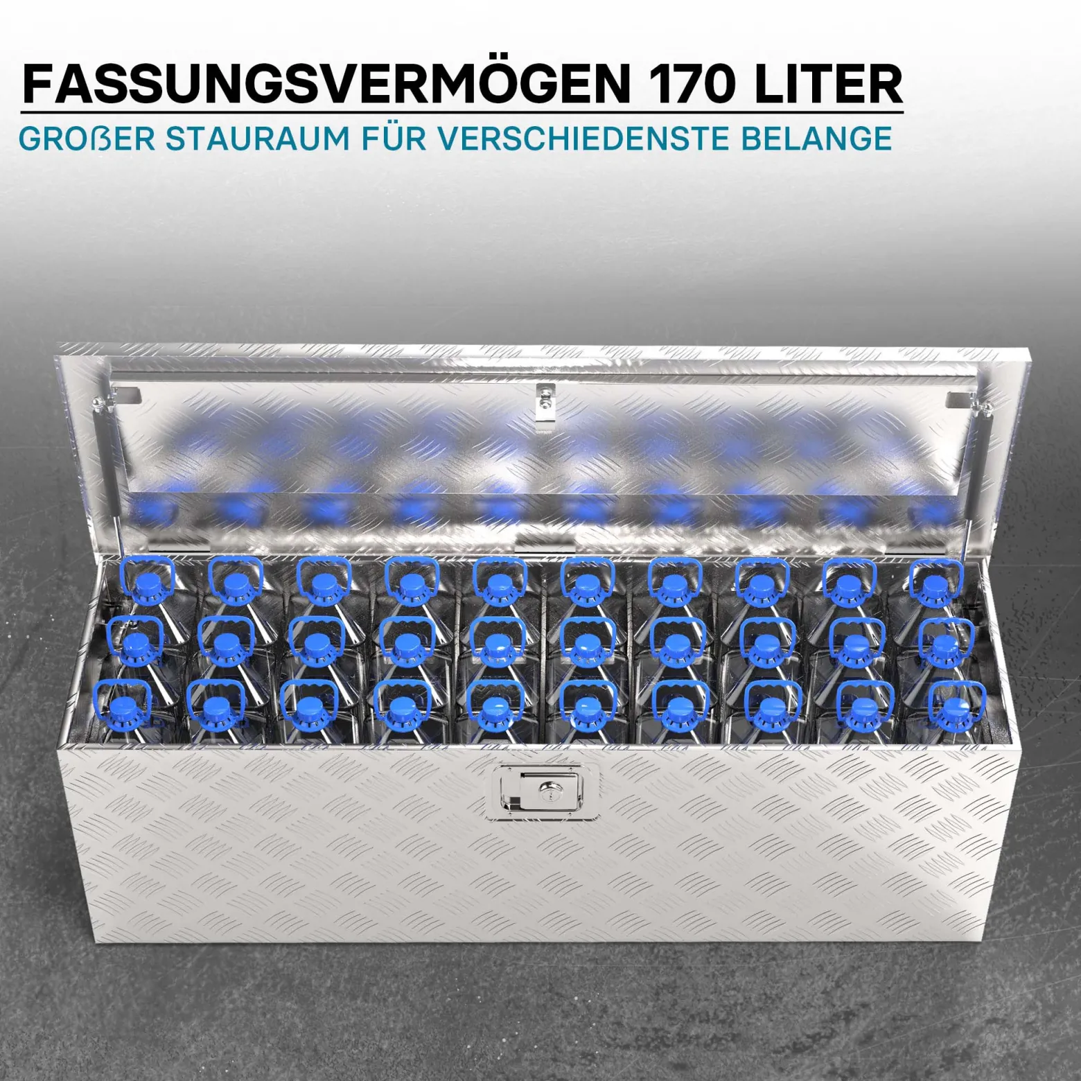 Wiltec Werkzeugbox Alu 124x37x38 cm Silberfarbene Transportbox, Werkzeugkiste inkl. Schlüssel, Alubox und Staukasten mit Handgriffen, großzügige Deichselbox