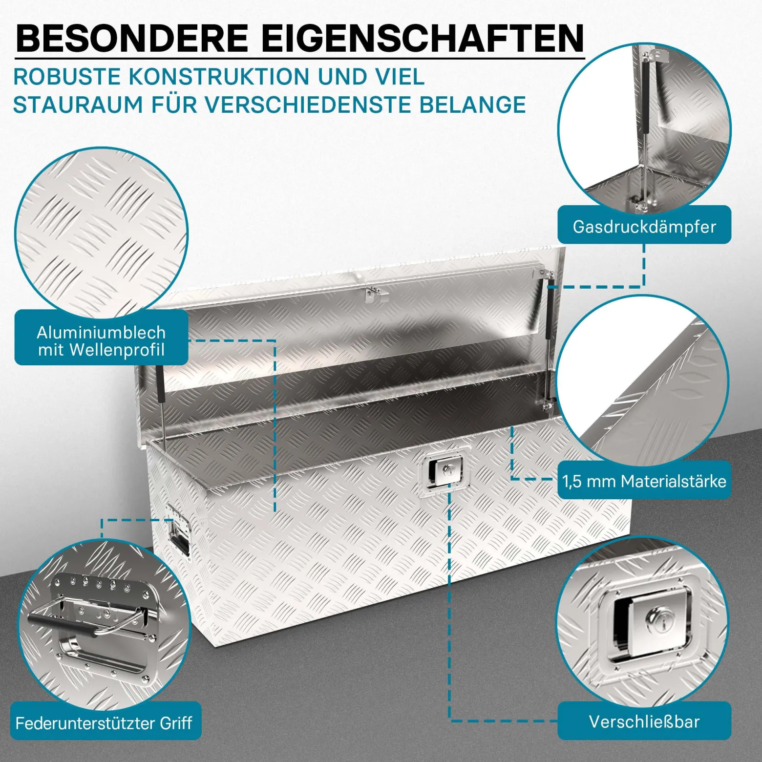Wiltec Werkzeugbox Alu 124x37x38 cm Silberfarbene Transportbox, Werkzeugkiste inkl. Schlüssel, Alubox und Staukasten mit Handgriffen, großzügige Deichselbox