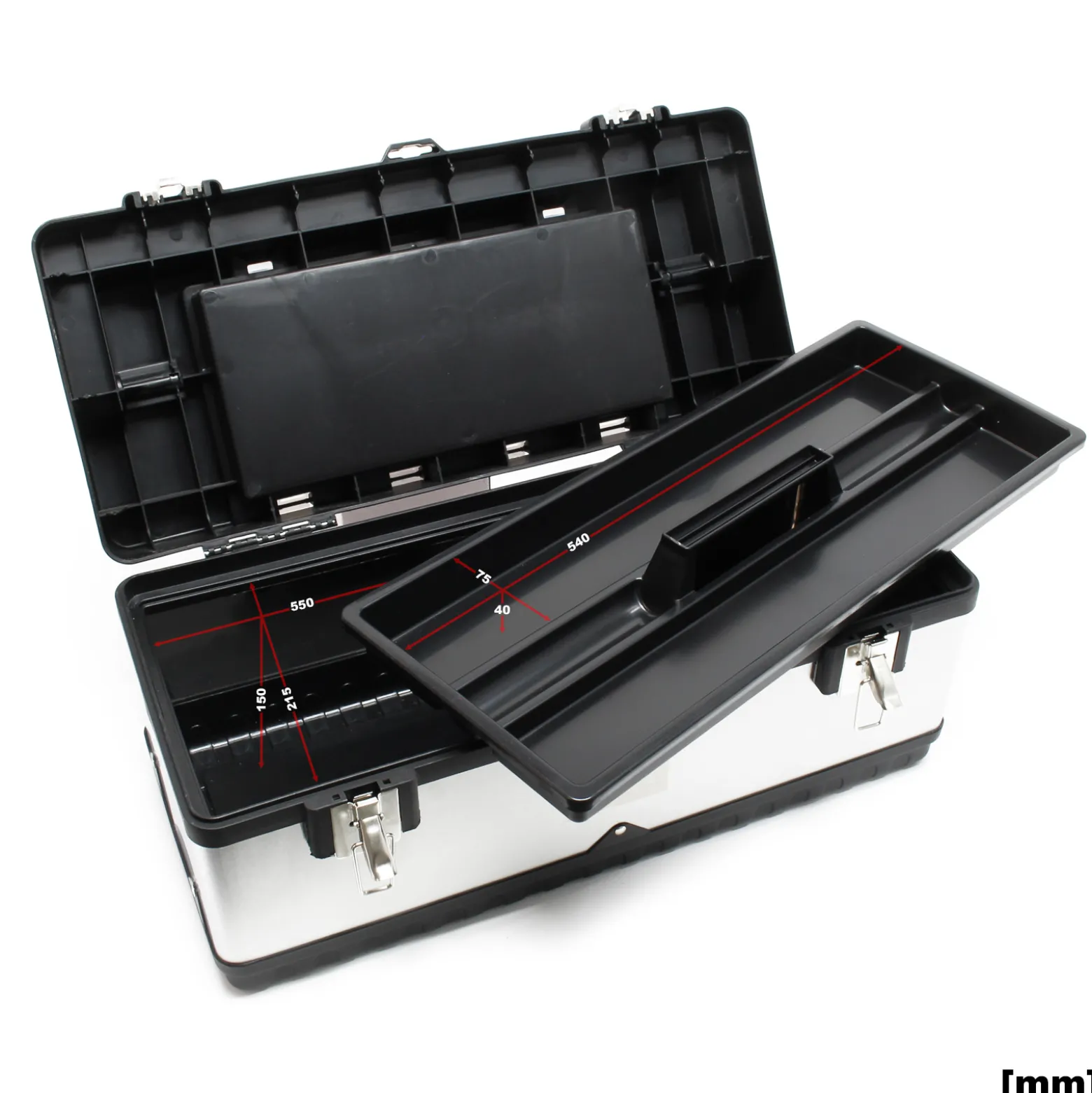 Wiltec Werkzeugkasten 59x28x25,5 cm aus Edelstahl, Universal Werkzeugkoffer mit Kunststoff-Rahmen, Werkzeugträger und Handgriff, Profi-Werkzeugkiste