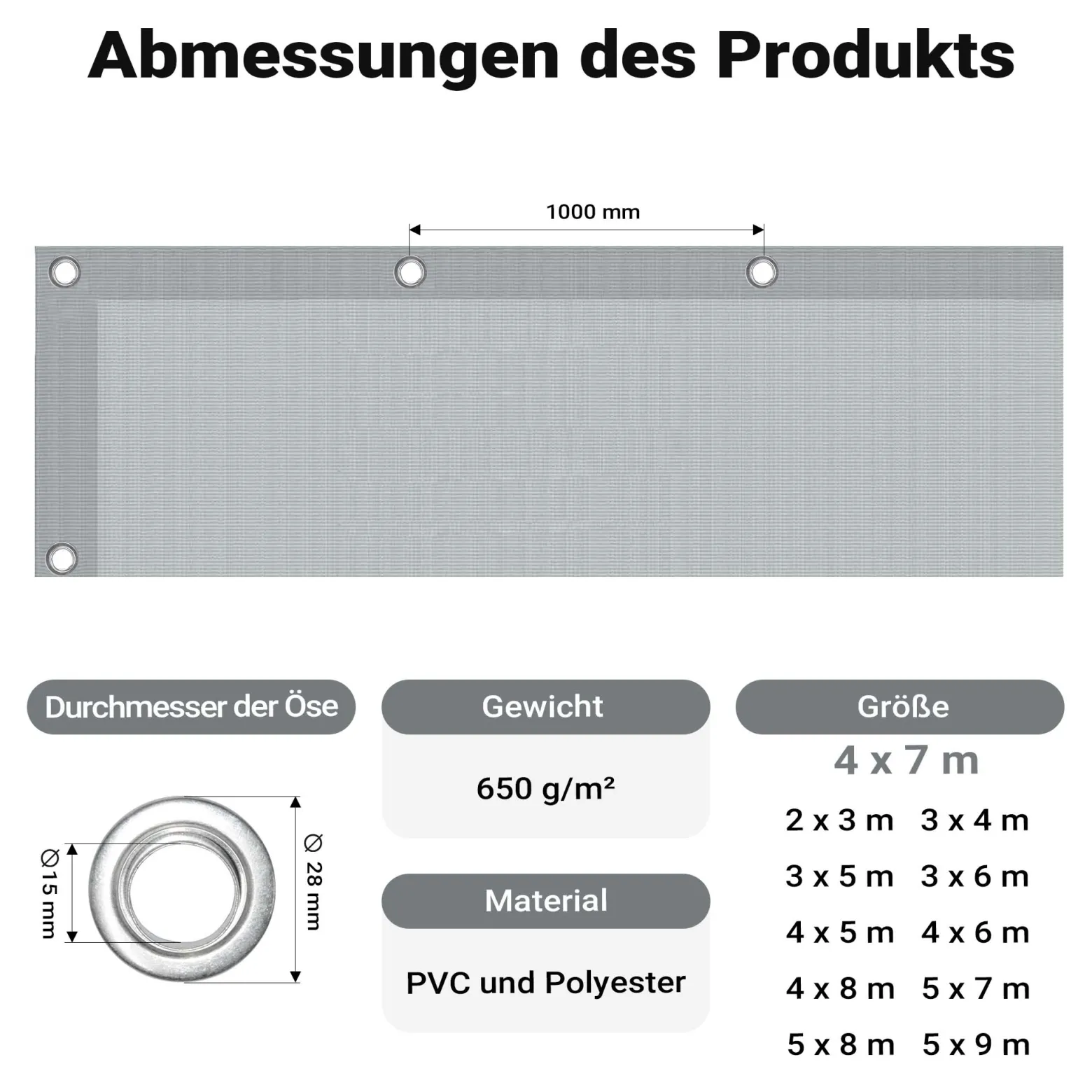 Wiltec wetterfeste Abdeckplane grau, wasserfeste Plane mit Ösen 4 x 7 m, Polyester Plane 650 g/m², UV-resistente Gartenplane, robuste Schutzplane mit PVC Beschichtung