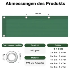 Wiltec wetterfeste Abdeckplane dunkelgrün, wasserfeste Plane mit Ösen 4 x 6 m, Polyester Plane 650 g/m², UV-resistente Gartenplane, robuste Schutzplane mit PVC Beschichtung