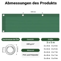Wiltec wetterfeste Abdeckplane dunkelgrün, wasserfeste Plane mit Ösen 3 x 5 m, Polyester Plane 650 g/m², UV-resistente Gartenplane, robuste Schutzplane mit PVC Beschichtung