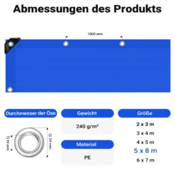 Wiltec wetterfeste Abdeckplane blau, wasserfeste Plane mit Ösen 5 x 8 m, PE Plane 240 g/m², UV-resistente Gartenplane, robuste Schutzplane