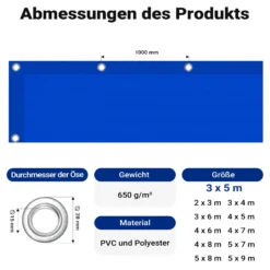Wiltec wetterfeste Abdeckplane blau, wasserfeste Plane mit Ösen 3 x 5 m, Polyester Plane 650 g/m², UV-resistente Gartenplane, robuste Schutzplane mit PVC Beschichtung