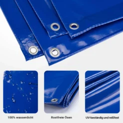 Wiltec wetterfeste Abdeckplane blau, wasserfeste Plane mit Ösen 3 x 6 m, Polyester Plane 650 g/m², UV-resistente Gartenplane, robuste Schutzplane mit PVC Beschichtung