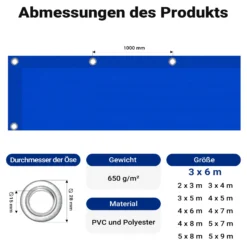 Wiltec wetterfeste Abdeckplane blau, wasserfeste Plane mit Ösen 3 x 6 m, Polyester Plane 650 g/m², UV-resistente Gartenplane, robuste Schutzplane mit PVC Beschichtung