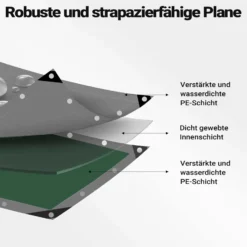 Wiltec wetterfeste Abdeckplane grün grau, wasserfeste Plane mit Ösen 7 x 6 m, PE Plane 120 g/m², UV-resistente Gartenplane, robuste Schutzplane