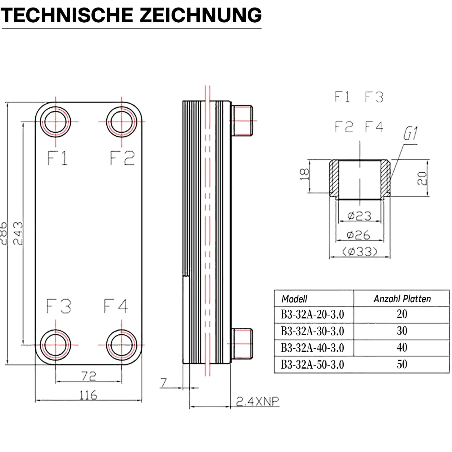 Wiltec Wärmetauscher 20 Platten, max. 115 kW, 12 m³/h 1,00 l je Durchgang, Plattenwärmetauscher aus Edelstahl als Wärmeüberträger