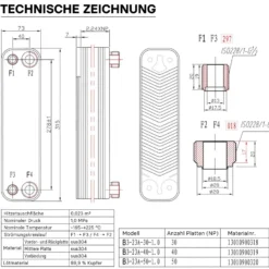 Wiltec Wärmetauscher 50 Platten, max. 210 kW, 4 m³/h 2,00 l je Durchgang, Plattenwärmetauscher aus Edelstahl als Wärmeüberträger