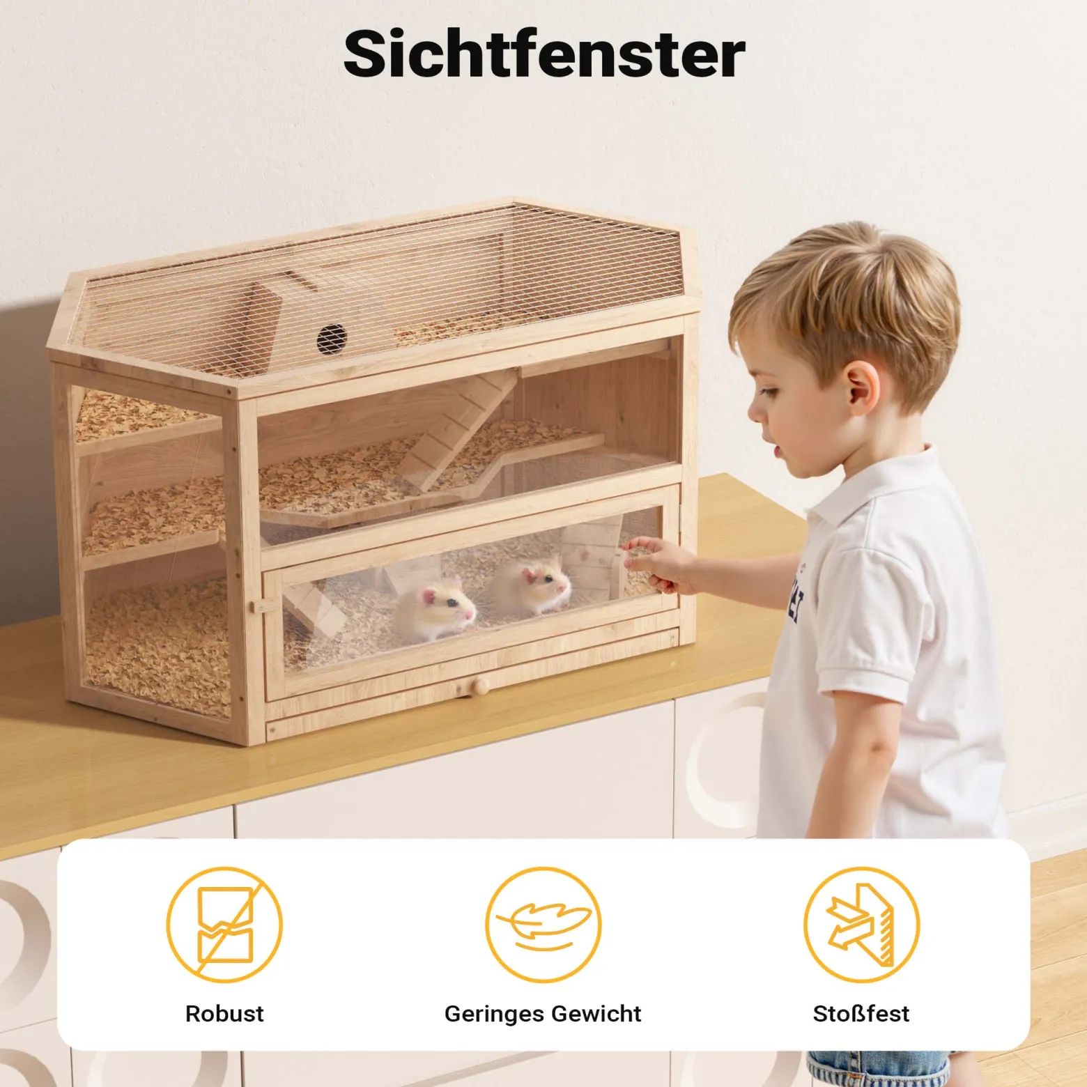Wiltec XXL 3 Etagen Nagerkäfig, 6-eckig, 1150 x 600 x 580 mm, aus Holz, mit klappbarem Deckel & Sichtfenster, Kleintierhaus Mäusekäfig Hamsterkäfig