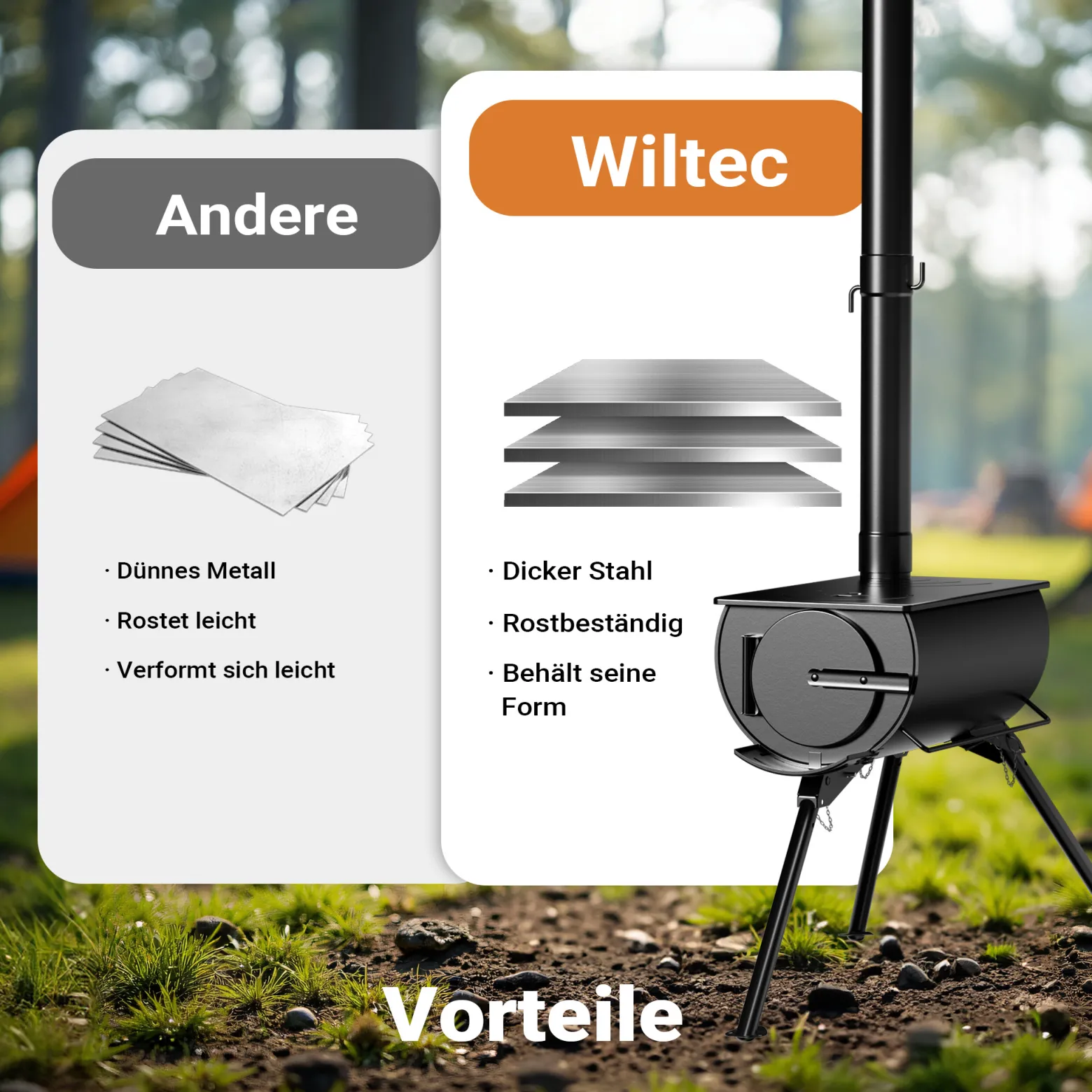 Wiltec Zeltofen Stahl (Q235), robuster Campingofen 85 x 57,5 x 238 cm, Holzofen mit Rauchabzug Ø 6 cm x 40 cm, Zeltheizung sichere Abgasableitung