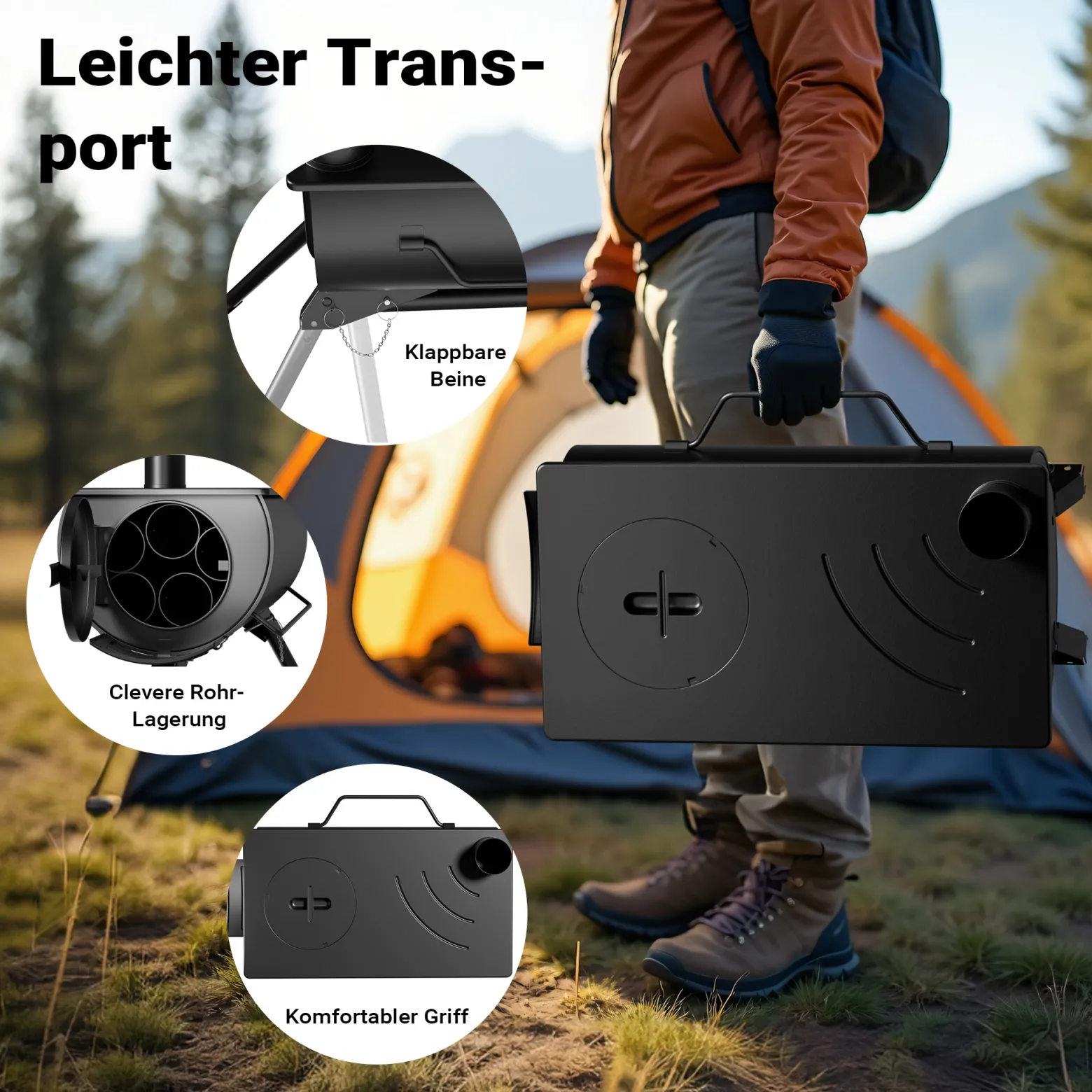 Wiltec Zeltofen Stahl (Q235), robuster Campingofen 85 x 57,5 x 238 cm, Holzofen mit Rauchabzug Ø 6 cm x 40 cm, Zeltheizung sichere Abgasableitung