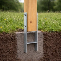 XPOtool Pfostenträger feuerverzinkt 91 x 600mm, H-Anker aus Carbonstahl, Pfostenanker mit Bohrlöchern M10 x 110, Pfostenschuh mit 2 Verstrebungen