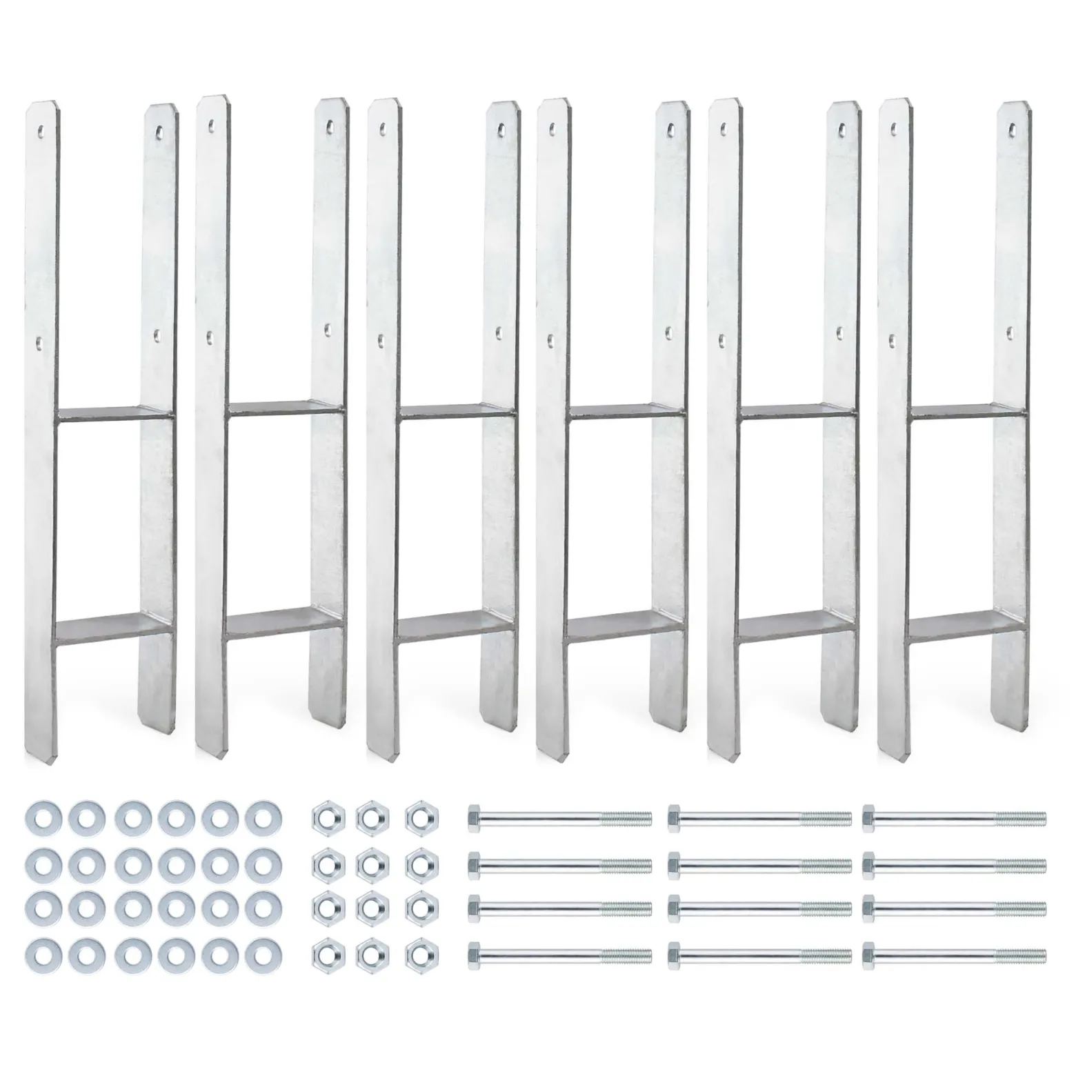 XPOtool Pfostenträger feuerverzinkt 6 Stück 91 x 600 mm, H-Anker aus Carbonstahl, Pfostenanker mit Bohrlöchern M10 x 110, Pfostenschuh mit 2 Verstrebungen