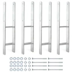 XPOtool Pfostenträger feuerverzinkt 101 x 600mm 4 Stück, H-Anker aus Carbonstahl, Pfostenanker mit Bohrlöchern M10 x 130, Pfostenschuh mit 2 Verstrebungen