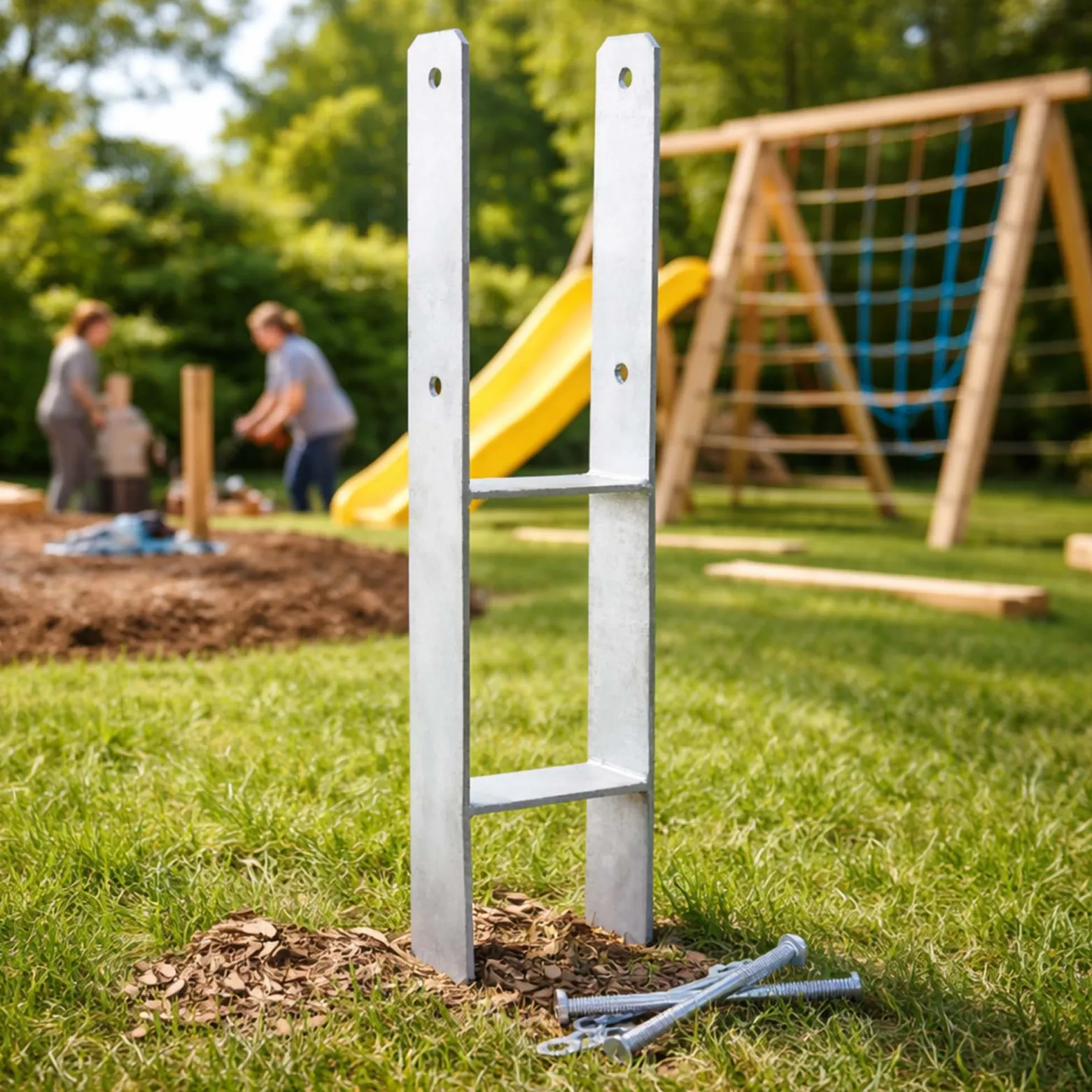 XPOtool Pfostenträger feuerverzinkt 101 x 600mm 4 Stück, H-Anker aus Carbonstahl, Pfostenanker mit Bohrlöchern M10 x 130, Pfostenschuh mit 2 Verstrebungen