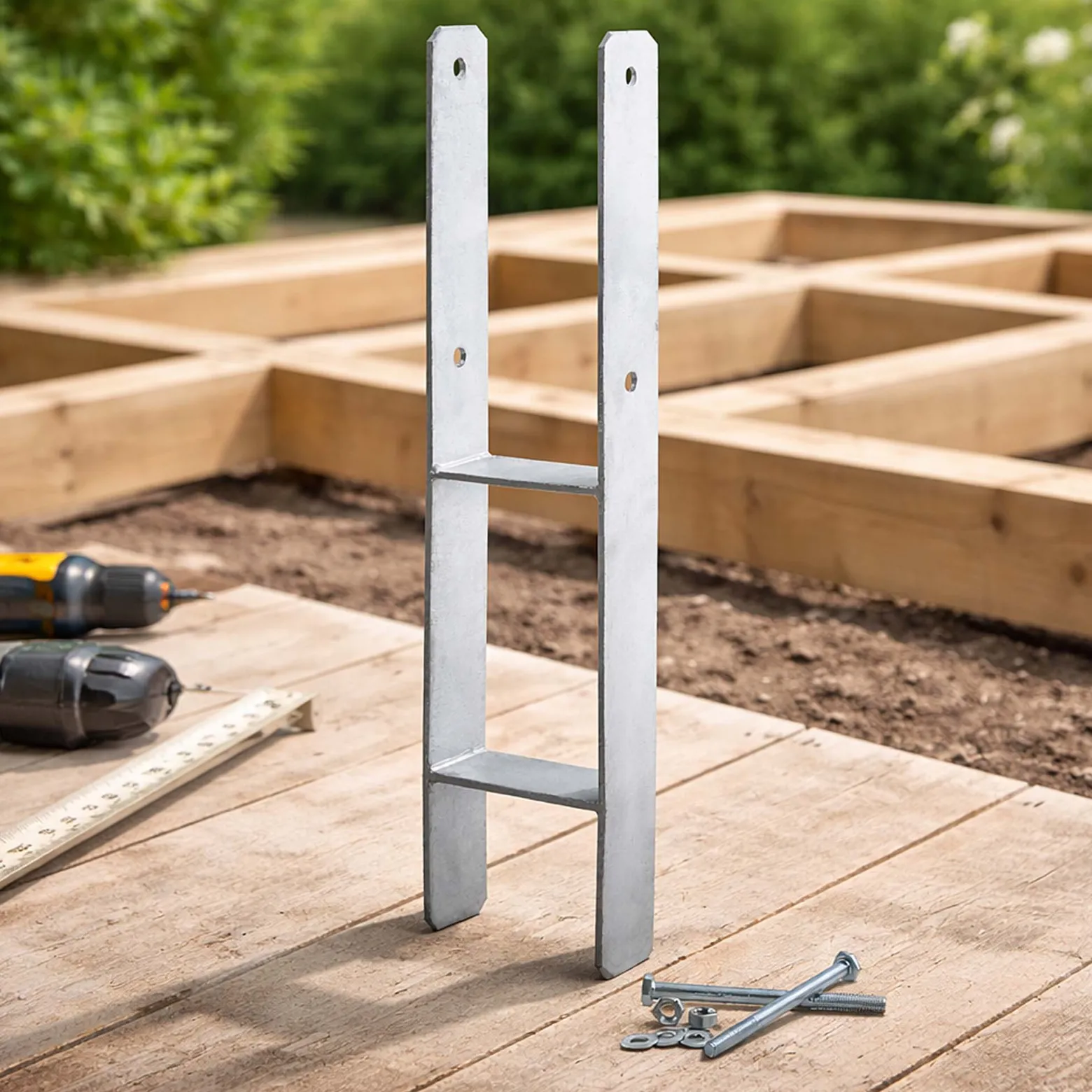 XPOtool Pfostenträger feuerverzinkt 4 Stück 71 x 600mm, H-Anker aus Carbonstahl, Pfostenanker mit Bohrlöchern M10 x 90, Pfostenschuh mit 2 Verstrebungen