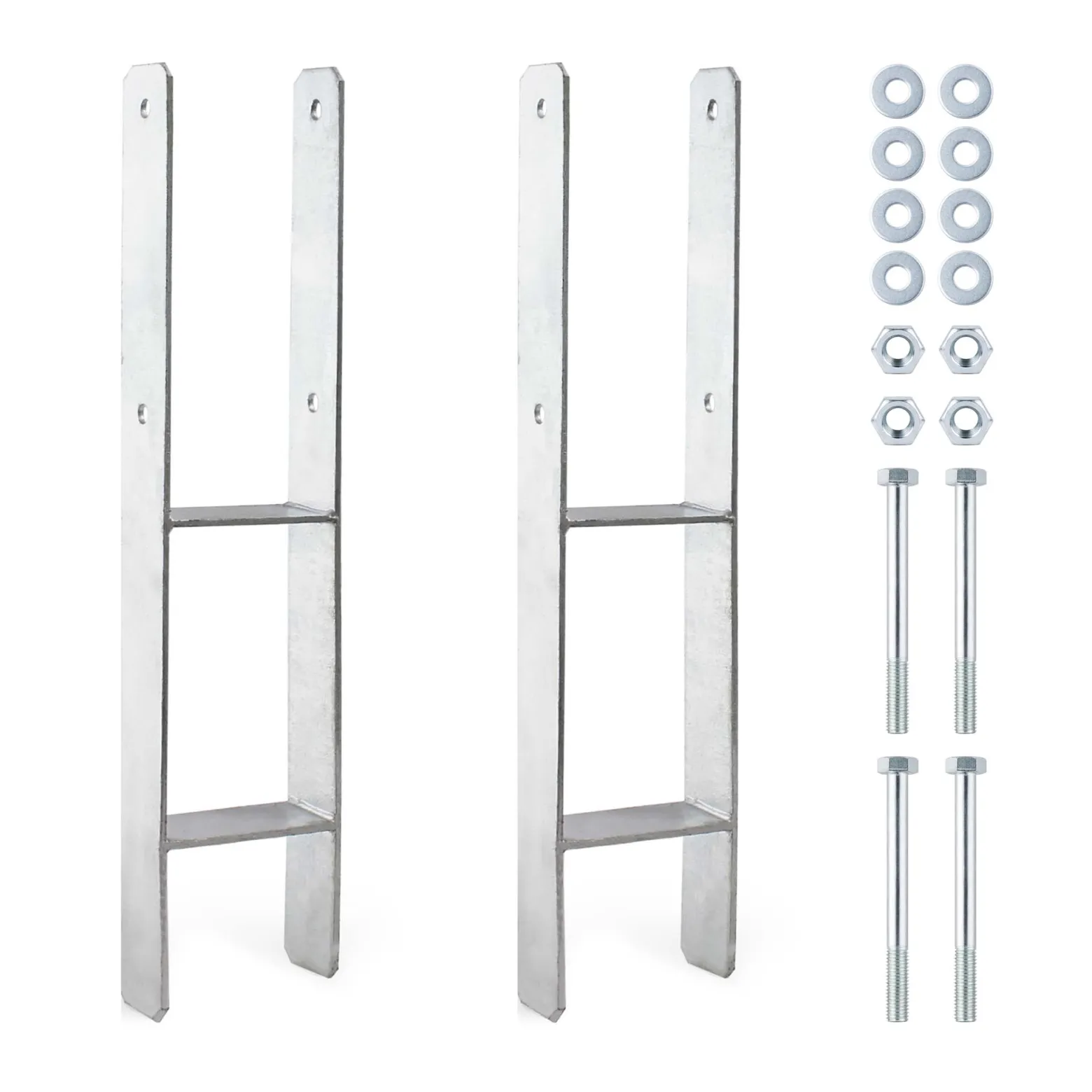 XPOtool Pfostenträger feuerverzinkt 2 Stück 71 x 600mm, H-Anker aus Carbonstahl, Pfostenanker mit Bohrlöchern M10 x 90, Pfostenschuh mit 2 Verstrebungen