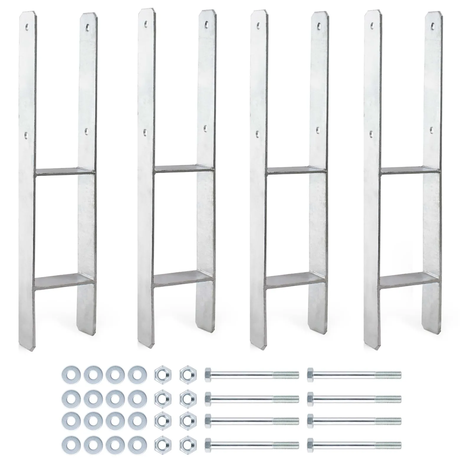 XPOtool Pfostenträger feuerverzinkt 4 Stück 91 x 600 mm, H-Anker aus Carbonstahl, Pfostenanker mit Bohrlöchern M10 x 110, Pfostenschuh mit 2 Verstrebungen