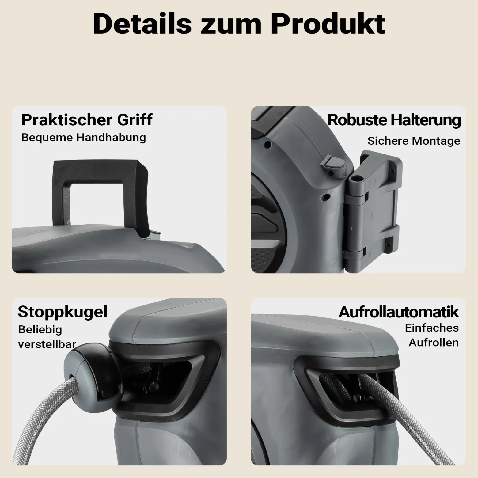XPOtool Schlauchtrommel, Wand Schlauchbox mit Aufroll-Automatik und 15m Wasserschlauch, Gartenbewässerung