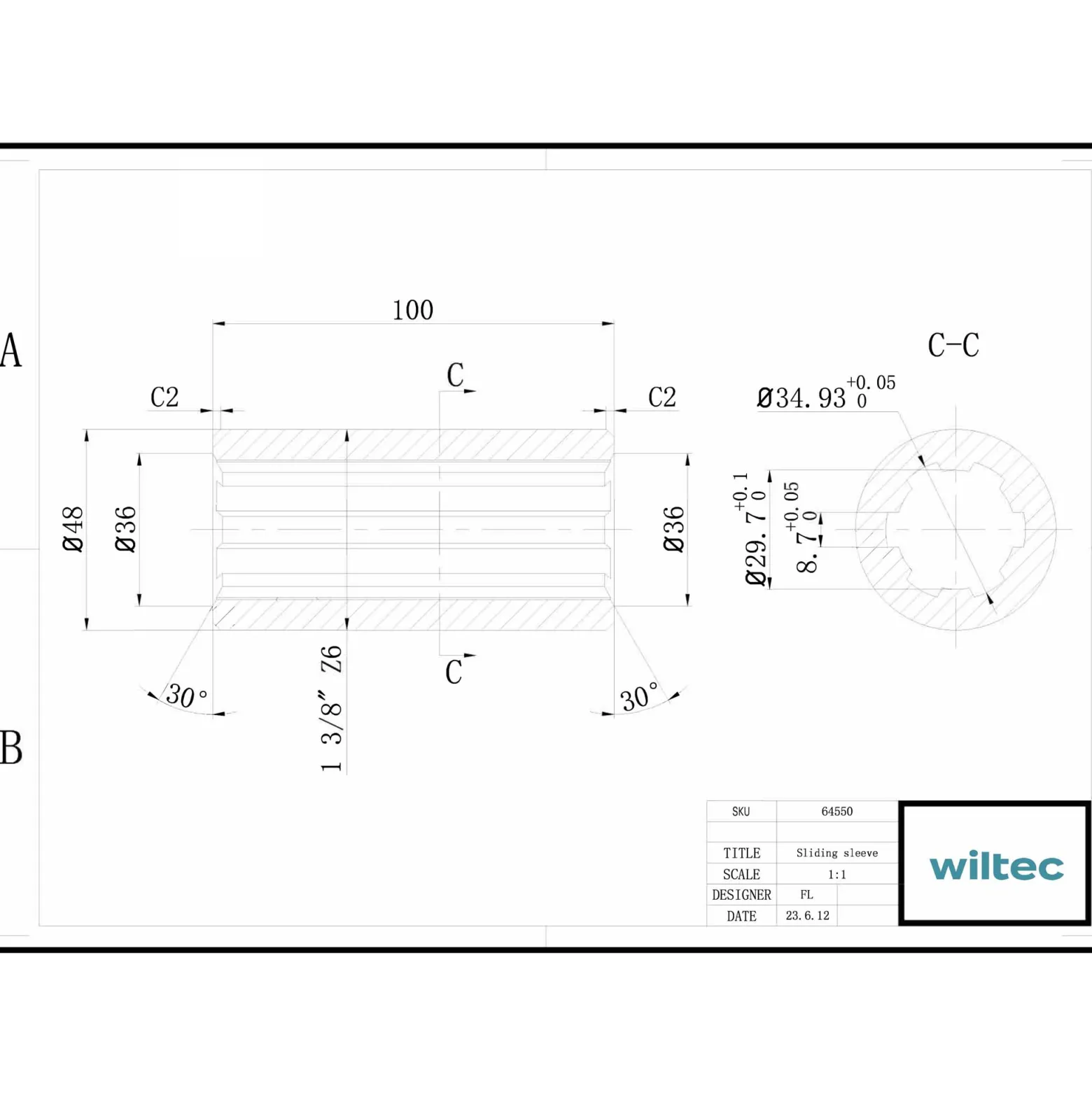 Zapfwellen Buchse B-Typ 100 mm für Vielkeilwelle PTO-Shaft mit 1 3/8" Z6 6 Nuten Traktor Anbaugerät