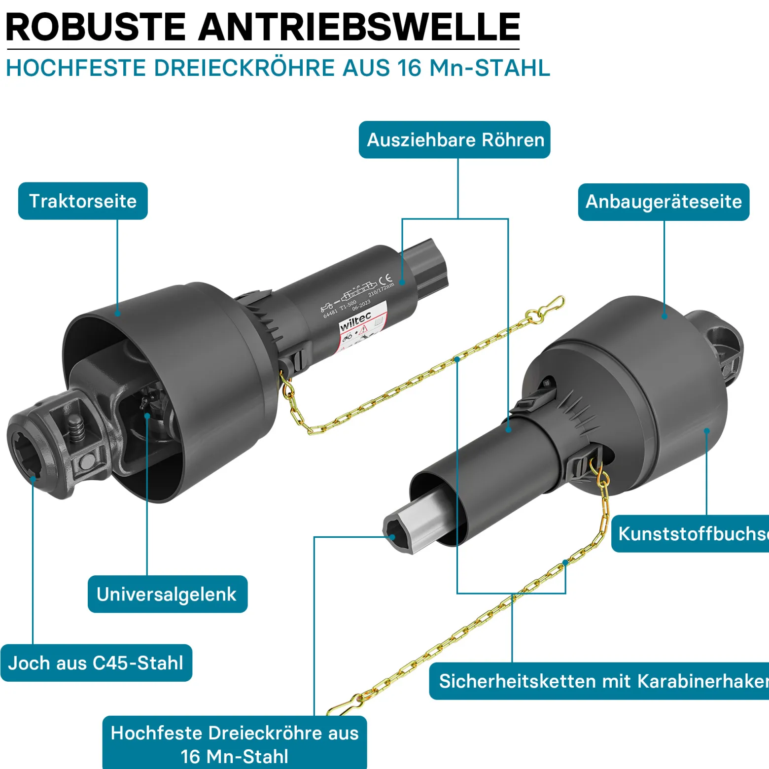 Zapfwelle T1 Gelenkwelle 500mm 210Nm 540U/min, PTO-Shaft, 18kW (25PS), 2x 1 3/8" 6 Zähne